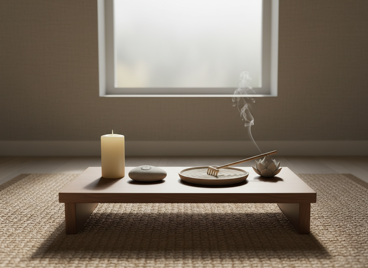A meticulously arranged meditation corner featuring a low walnut altar table holding a single ivory candle, a smooth river stone engraved with a subtle Zen ensō, and a small sand garden with a wooden rake mid-stroke. The setting is a quiet room with pale linen walls, a woven jute rug, and a large frosted window that lets in diffused morning light, casting soft, elongated shadows. A ceramic incense holder releases a thin, curling thread of smoke. Photographic realism, shot at eye level with a shallow depth of field, keeps the foreground crisp while the background gently blurs, creating a serene, sophisticated atmosphere of inner stillness and contemplative calm.