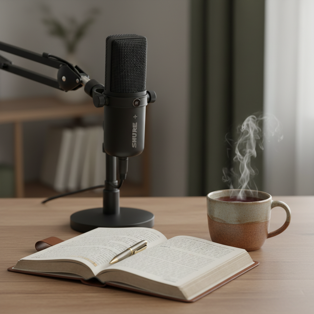 A realistic, softly lit scene featuring a black SHURE MV7+ microphone on a desk, next to an open journal with handwritten notes and a warm cup of hot tea with gentle steam rising. The background is simple and minimal, softly blurred, in calm neutral tones. The overall vibe is reflective and grounded — conveying the feeling of "I’ve walked this road. Sit with me." Wisdom, warmth, and earned guidance during a time of personal transition.